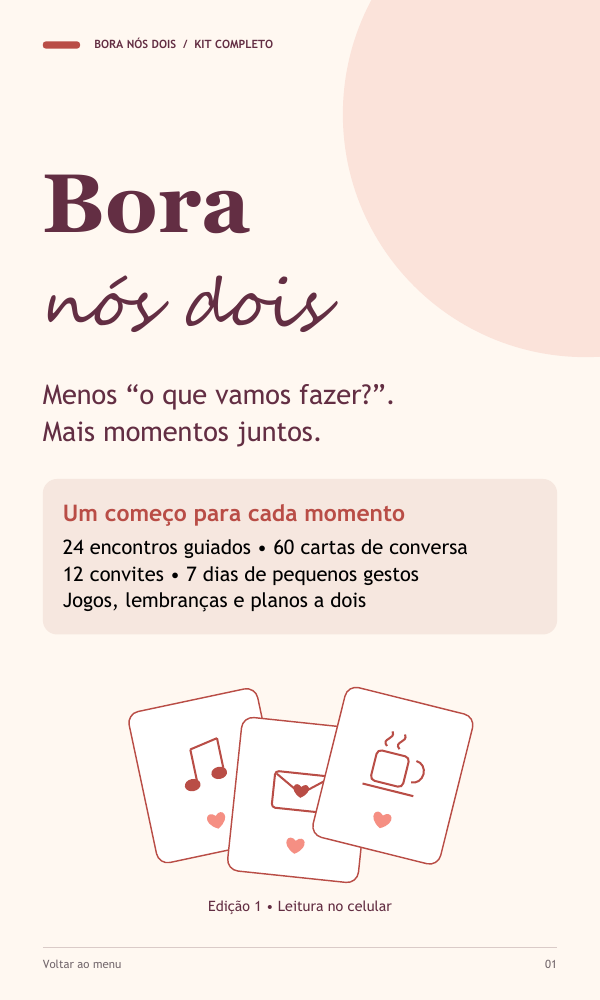 Capa real do guia Bora Nós Dois: menos o que vamos fazer, mais momentos juntos.