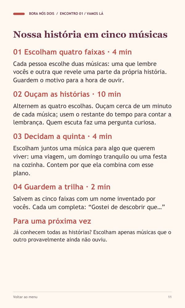 Página real com os quatro passos do encontro Nossa história em cinco músicas.